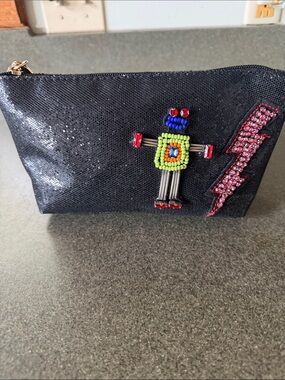 Betsey Johnson Black Zippered Beaded & Glass Crystals Embellished Pouch